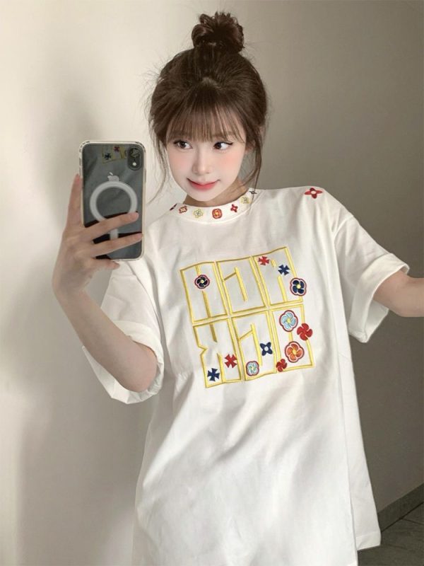 Summer 2025 Women's American Hip-Hop Style Embroidered Short Sleeve T-Shirt - Trendy Couple Streetwear Top