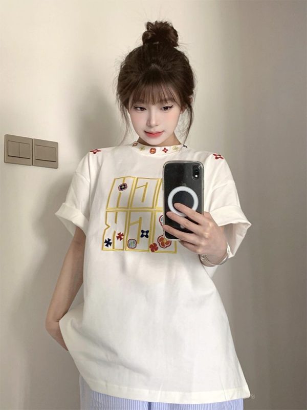 Summer 2025 Women's American Hip-Hop Style Embroidered Short Sleeve T-Shirt - Trendy Couple Streetwear Top