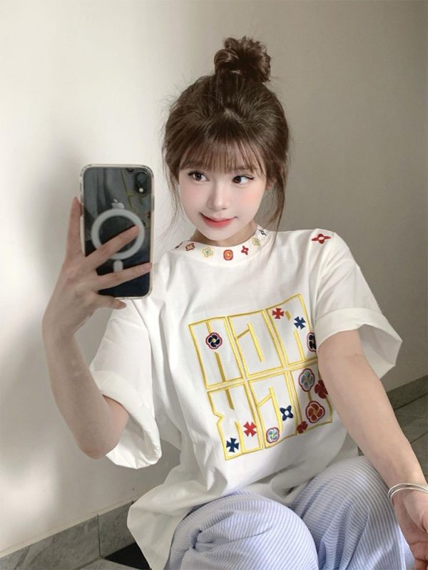 Summer 2025 Women's American Hip-Hop Style Embroidered Short Sleeve T-Shirt - Trendy Couple Streetwear Top