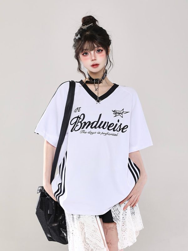 Summer 2025 Womenâ€™s American Style Loose V-Neck Short Sleeve T-Shirt, Niche Shoulder, College Style, Pure Cotton Top