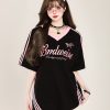 Summer 2025 Womenâ€™s American Style Loose V-Neck Short Sleeve T-Shirt, Niche Shoulder, College Style, Pure Cotton Top