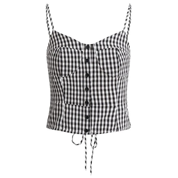 Summer 2025 Women's Black and White Checkered Short Top - French Vacation Style, Trendy and Chic Fashion