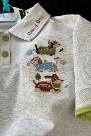 Summer 2025 Womenâ€™s Color-Blocking Polo Collar Short Sleeve T-Shirt with Embroidered Puppy - Cute Cartoon Shoulder-Reducing Style