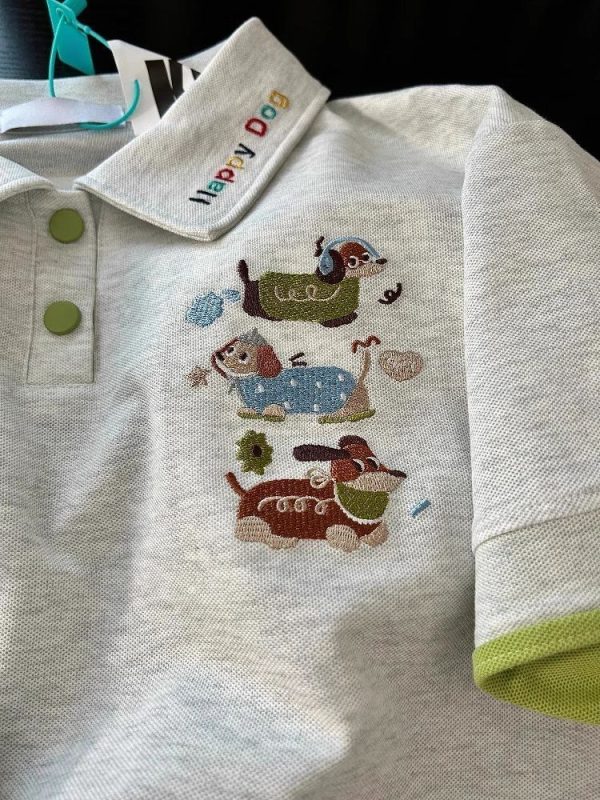 Summer 2025 Womenâ€™s Color-Blocking Polo Collar Short Sleeve T-Shirt with Embroidered Puppy - Cute Cartoon Shoulder-Reducing Style