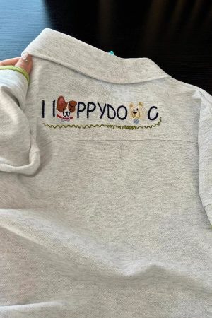 Summer 2025 Womenâ€™s Color-Blocking Polo Collar Short Sleeve T-Shirt with Embroidered Puppy - Cute Cartoon Shoulder-Reducing Style