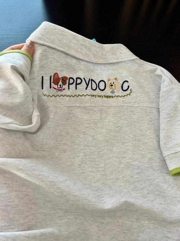 Summer 2025 Womenâ€™s Color-Blocking Polo Collar Short Sleeve T-Shirt with Embroidered Puppy - Cute Cartoon Shoulder-Reducing Style