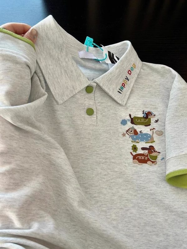 Summer 2025 Womenâ€™s Color-Blocking Polo Collar Short Sleeve T-Shirt with Embroidered Puppy - Cute Cartoon Shoulder-Reducing Style