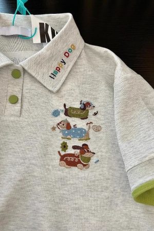 Summer 2025 Womenâ€™s Color-Blocking Polo Collar Short Sleeve T-Shirt with Embroidered Puppy - Cute Cartoon Shoulder-Reducing Style