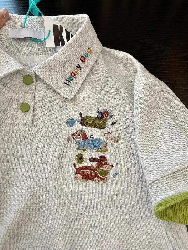 Summer 2025 Womenâ€™s Color-Blocking Polo Collar Short Sleeve T-Shirt with Embroidered Puppy - Cute Cartoon Shoulder-Reducing Style