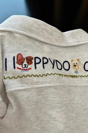 Summer 2025 Womenâ€™s Color-Blocking Polo Collar Short Sleeve T-Shirt with Embroidered Puppy - Cute Cartoon Shoulder-Reducing Style