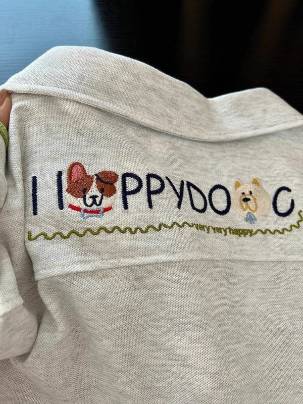 Summer 2025 Womenâ€™s Color-Blocking Polo Collar Short Sleeve T-Shirt with Embroidered Puppy - Cute Cartoon Shoulder-Reducing Style