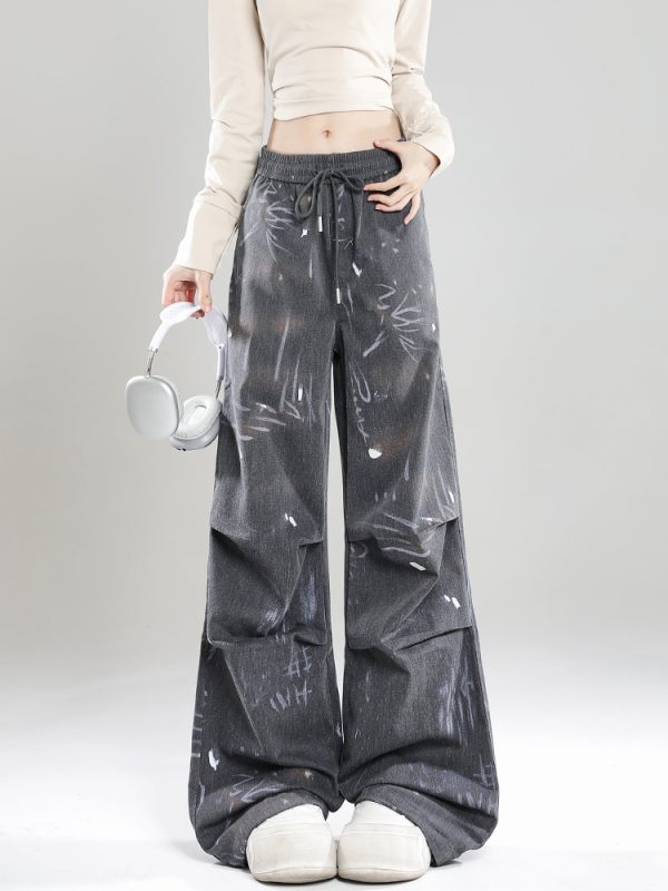 Summer 2025 Women's High Street Graffiti Wide Leg Loose Casual Trousers - American Style Straight Pants
