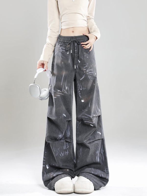 Summer 2025 Women's High Street Graffiti Wide Leg Loose Casual Trousers - American Style Straight Pants