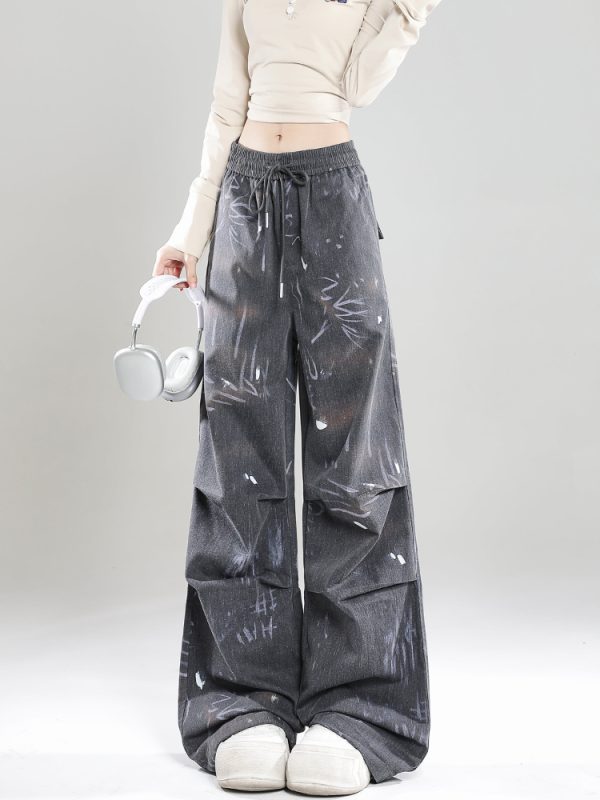 Summer 2025 Women's High Street Graffiti Wide Leg Loose Casual Trousers - American Style Straight Pants
