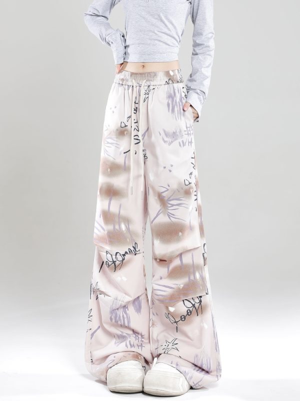 Summer 2025 Women's High Street Graffiti Wide Leg Loose Casual Trousers - American Style Straight Pants