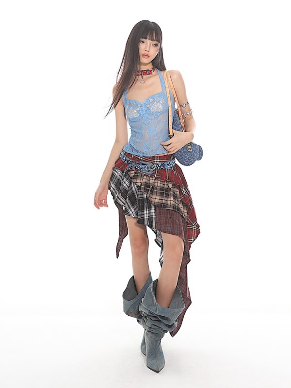 Summer 2025 Womenâ€™s Patchwork Plaid Irregular Multi-Layer Cake Skirt - Hot Girl American Style Fashion
