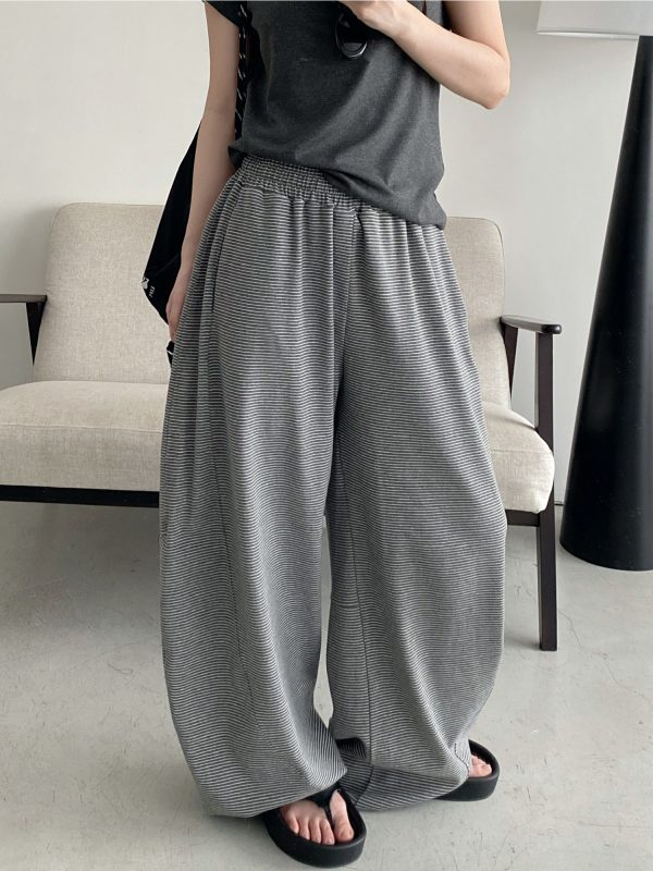 Summer 3D Segmented Deconstructed Wide-Leg Striped Sports Pants with Drawstring - Loose Fit Casual Trousers for Women