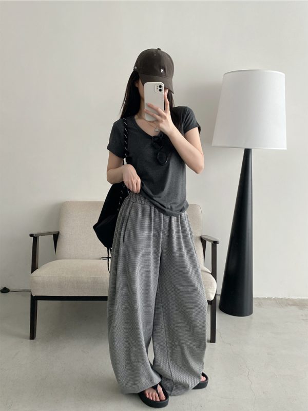 Summer 3D Segmented Deconstructed Wide-Leg Striped Sports Pants with Drawstring - Loose Fit Casual Trousers for Women