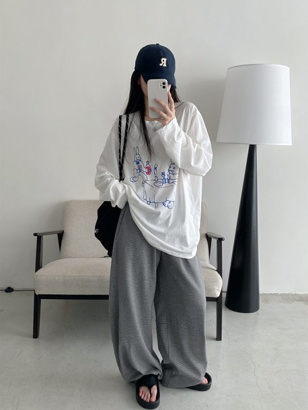Summer 3D Segmented Deconstructed Wide-Leg Striped Sports Pants with Drawstring - Loose Fit Casual Trousers for Women