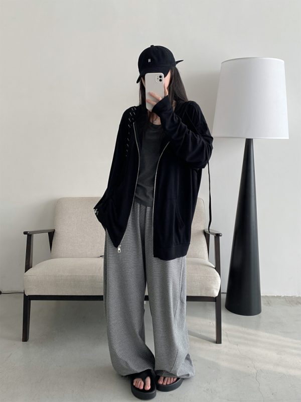 Summer 3D Segmented Deconstructed Wide-Leg Striped Sports Pants with Drawstring - Loose Fit Casual Trousers for Women
