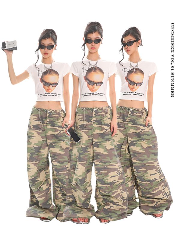 Summer American-Style Camouflage Wide-Leg Pants for Women - Loose Fit, Floor-Length Casual Workwear