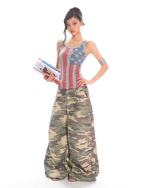Summer American-Style Camouflage Wide-Leg Pants for Women - Loose Fit, Floor-Length Casual Workwear