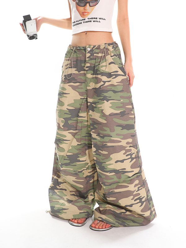 Summer American-Style Camouflage Wide-Leg Pants for Women - Loose Fit, Floor-Length Casual Workwear