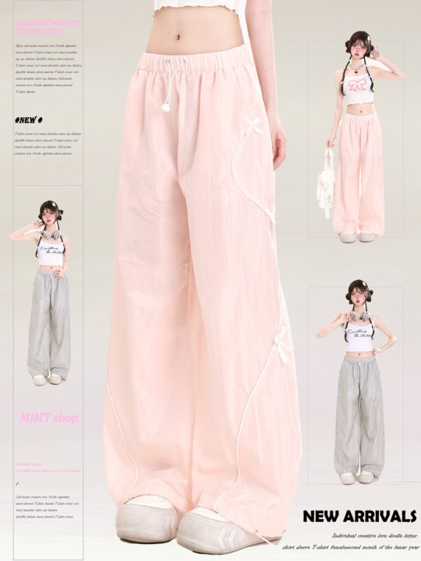 Summer American-Style Quick-Dry Wide-Leg Pants for Women, Bow Accent Loose Straight-Leg Casual Trousers