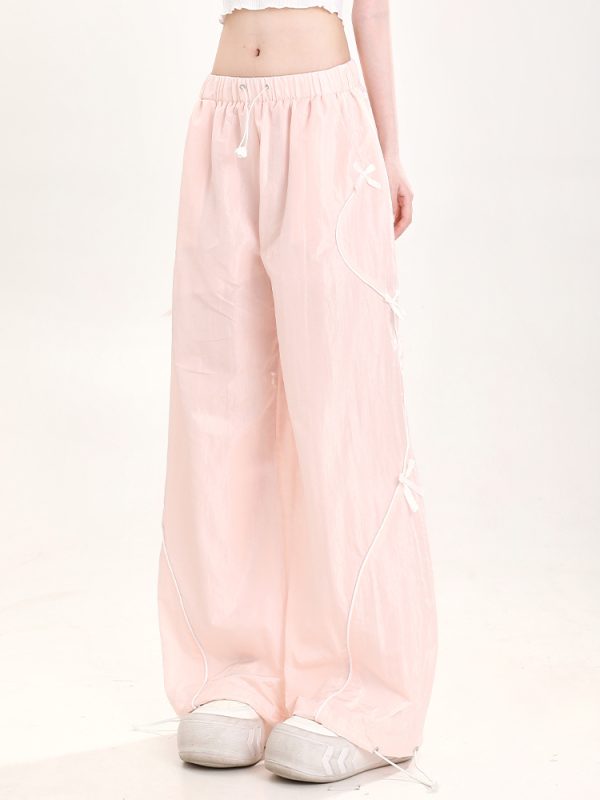 Summer American-Style Quick-Dry Wide-Leg Pants for Women, Bow Accent Loose Straight-Leg Casual Trousers