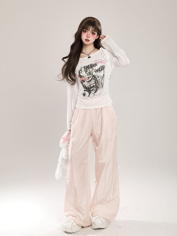 Summer American-Style Quick-Dry Wide-Leg Pants for Women, Bow Accent Loose Straight-Leg Casual Trousers
