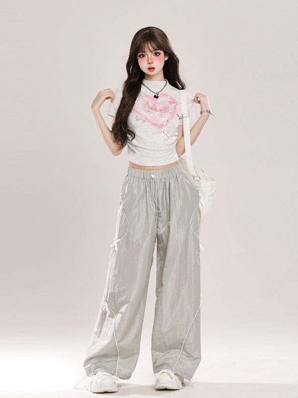 Summer American-Style Quick-Dry Wide-Leg Pants for Women, Bow Accent Loose Straight-Leg Casual Trousers