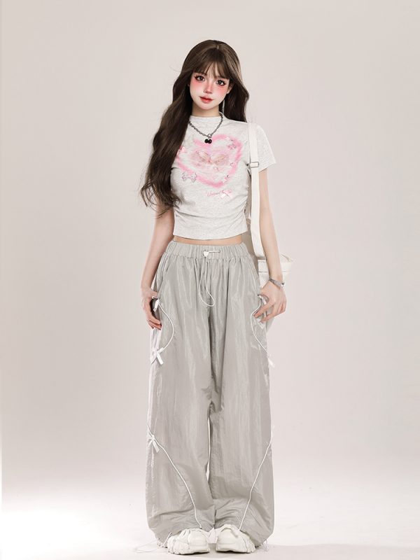 Summer American-Style Quick-Dry Wide-Leg Pants for Women, Bow Accent Loose Straight-Leg Casual Trousers
