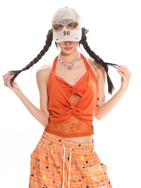 Summer Beach Low-Cut Knotted Lace Spliced Tank Top for Spicy Girls - Trendy Casual Wear, Perfect for 90s and Y2K Styles