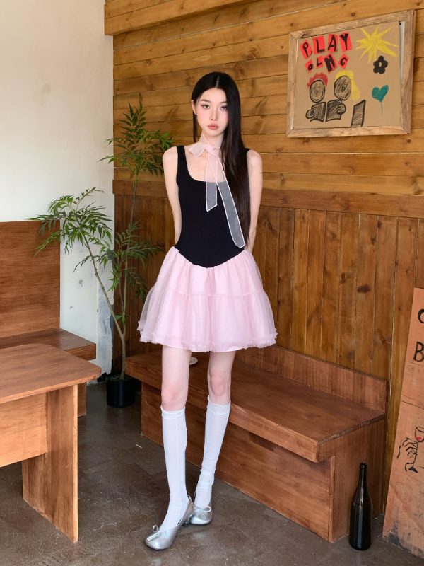 Summer Black and Pink Color-Block Sleeveless Knitted Dress with Sweet Patchwork Puff Skirt - Trendy Y2K Style