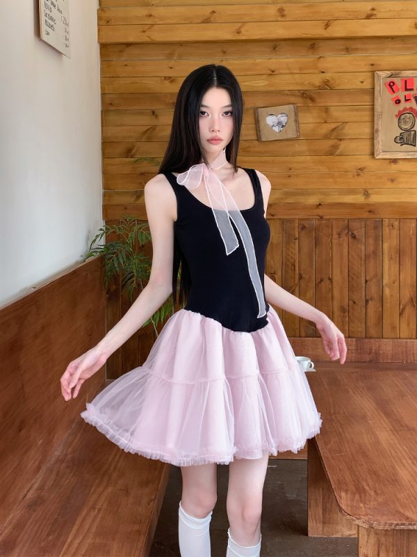 Summer Black and Pink Color-Block Sleeveless Knitted Dress with Sweet Patchwork Puff Skirt - Trendy Y2K Style