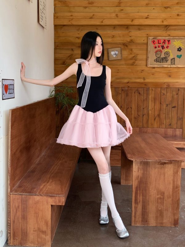 Summer Black and Pink Color-Block Sleeveless Knitted Dress with Sweet Patchwork Puff Skirt - Trendy Y2K Style