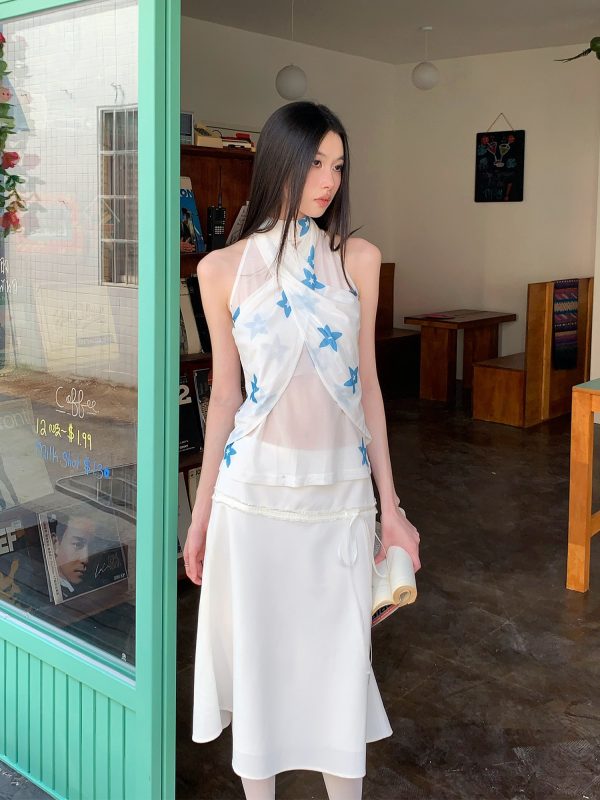 Summer Blue Star Flower Halter Lightweight Sleeveless Tank Top - Trendy Floral Design for Casual Y2K Style