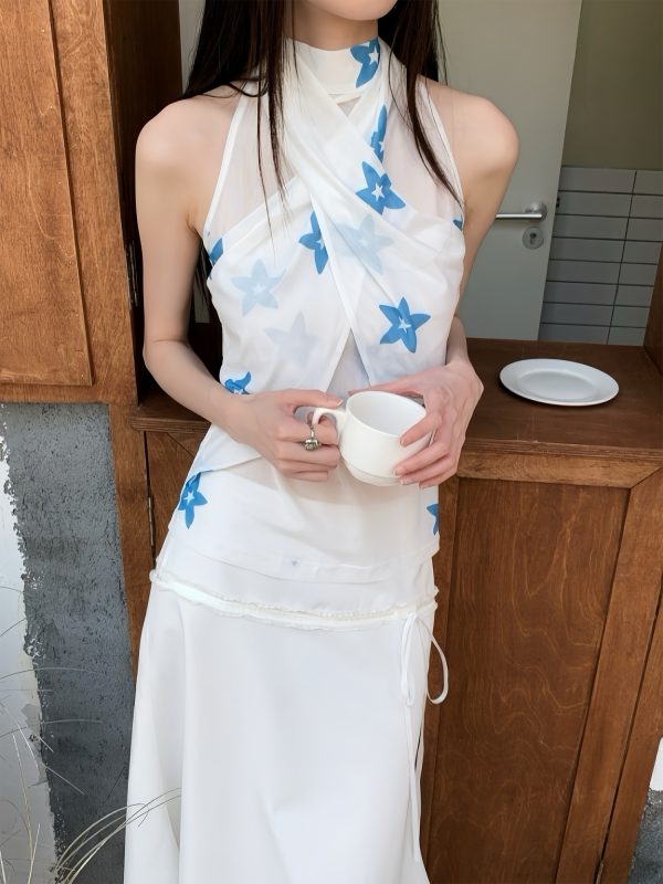 Summer Blue Star Flower Halter Lightweight Sleeveless Tank Top - Trendy Floral Design for Casual Y2K Style