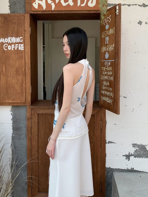 Summer Blue Star Flower Halter Lightweight Sleeveless Tank Top - Trendy Floral Design for Casual Y2K Style