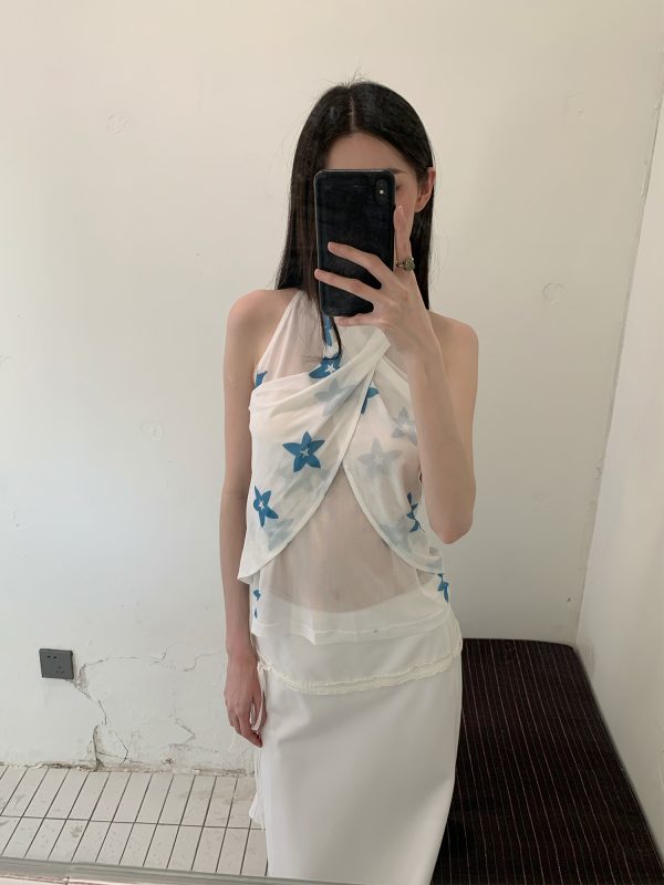 Summer Blue Star Flower Halter Lightweight Sleeveless Tank Top - Trendy Floral Design for Casual Y2K Style