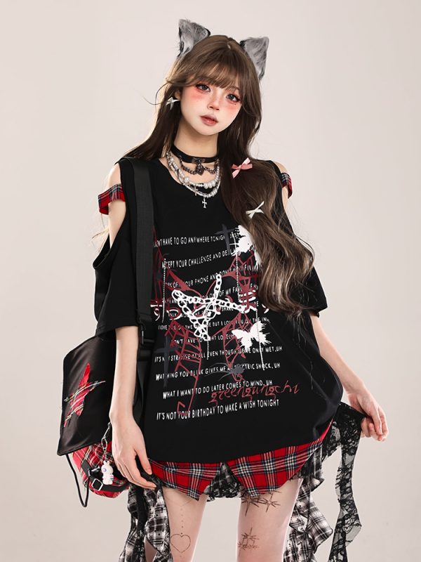 Summer Butterfly Print Short Sleeve T-Shirt for Women, American Style Loose Off-Shoulder Top, Cool Subculture Fashion