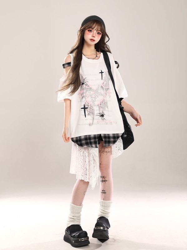 Summer Butterfly Print Short Sleeve T-Shirt for Women, American Style Loose Off-Shoulder Top, Cool Subculture Fashion