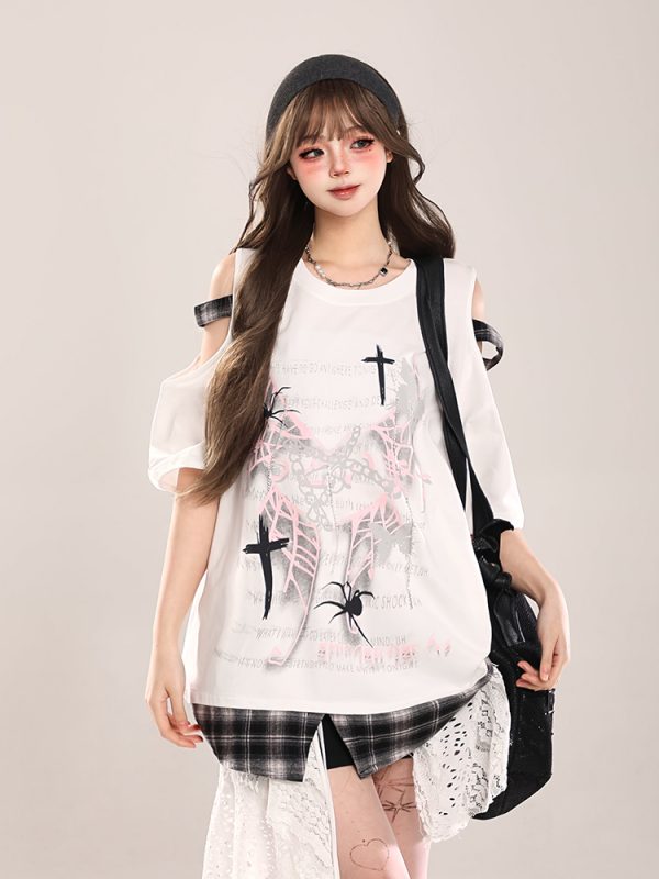 Summer Butterfly Print Short Sleeve T-Shirt for Women, American Style Loose Off-Shoulder Top, Cool Subculture Fashion