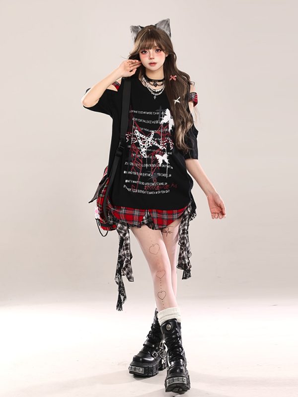 Summer Butterfly Print Short Sleeve T-Shirt for Women, American Style Loose Off-Shoulder Top, Cool Subculture Fashion