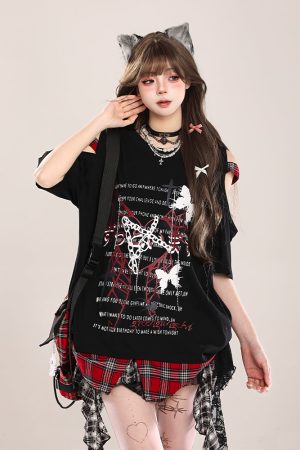 Summer Butterfly Print Short Sleeve T-Shirt for Women, American Style Loose Off-Shoulder Top, Cool Subculture Fashion