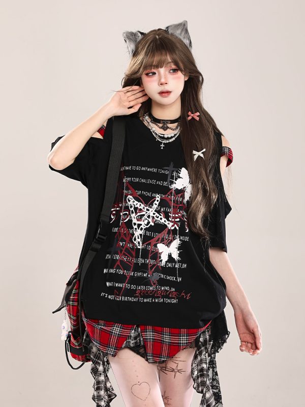 Summer Butterfly Print Short Sleeve T-Shirt for Women, American Style Loose Off-Shoulder Top, Cool Subculture Fashion