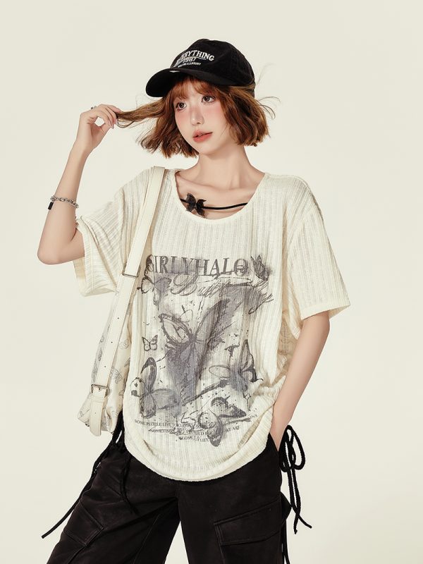 Summer Butterfly Print U-Neck Short Sleeve T-Shirt for Women - Spicy Girl American Style Loose Slimming Top