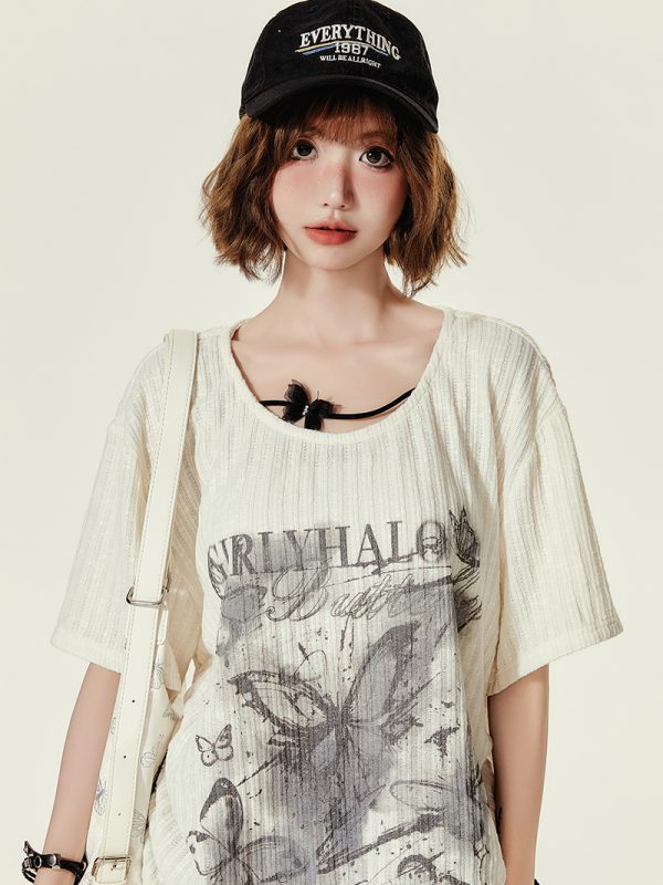 Summer Butterfly Print U-Neck Short Sleeve T-Shirt for Women - Spicy Girl American Style Loose Slimming Top