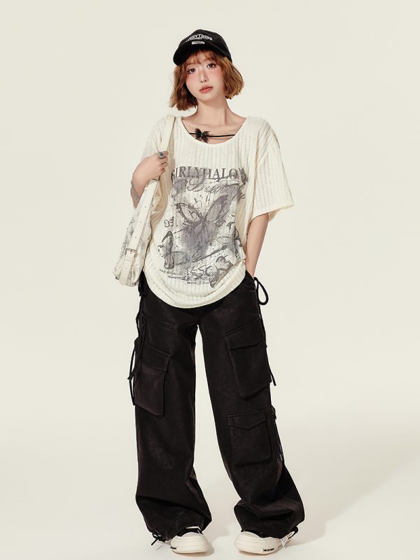 Summer Butterfly Print U-Neck Short Sleeve T-Shirt for Women - Spicy Girl American Style Loose Slimming Top