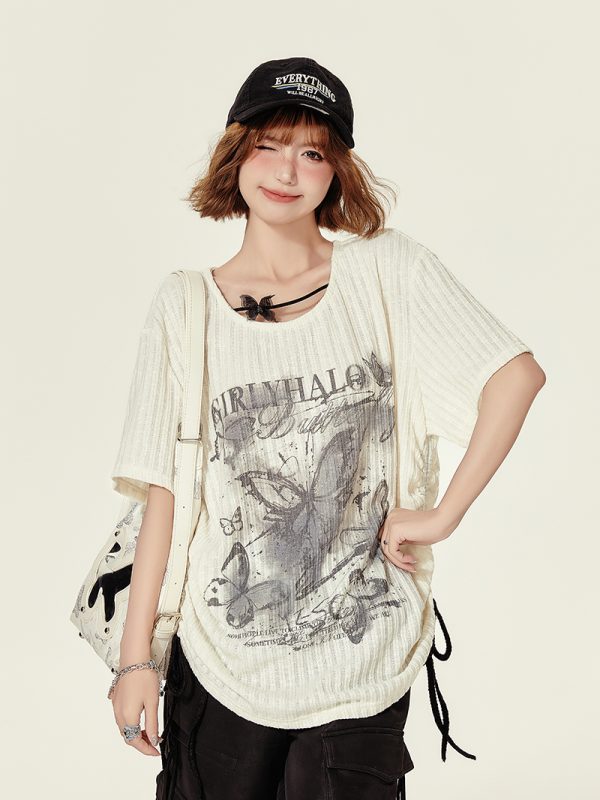 Summer Butterfly Print U-Neck Short Sleeve T-Shirt for Women - Spicy Girl American Style Loose Slimming Top